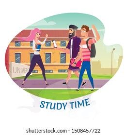 Happy Smiling Students Meeting in University Yard. Girl Carrying Books, Guys Walking with Backpack, Phone and Notebook. Readiness for Education. Friendship. Study Time Poster. Vector Flat Illustration