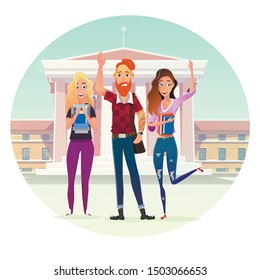 Happy Smiling Students Standing Front of University Facade. Back to Highschool. Female and Male People Group Greeting with Raised Hands. Welcoming Flat Education Poster. Vector Cartoon Illustration