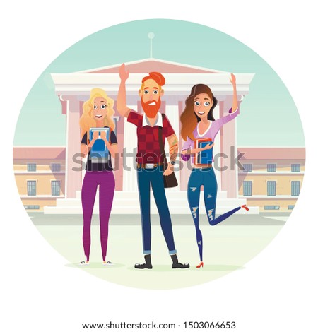 Happy Smiling Students Standing Front of University Facade. Back to Highschool. Female and Male People Group Greeting with Raised Hands. Welcoming Flat Education Poster. Vector Cartoon Illustration