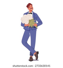 Happy smiling stylish man in trendy suit with beautiful bouquet of white flower blooms full length. Handsome gentleman preparing blossoms for anniversary, birthday, Valentines day vector illustration