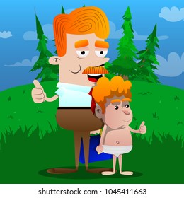 Happy smiling successful businessman and father making thumbs up sign with his son. Vector cartoon character illustration.