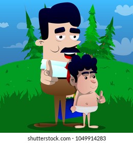 Happy smiling successful businessman and father pointing at the viewer with his hand with his son. Vector cartoon character illustration.