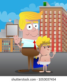Happy smiling successful businessman and father with waving hand with his son. Vector cartoon character illustration.