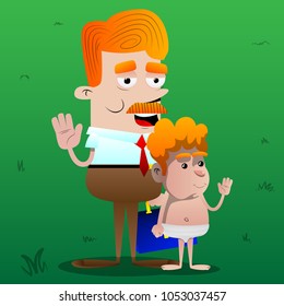 Happy smiling successful businessman and father with waving hand with his son. Vector cartoon character illustration.