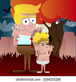 Happy smiling successful businessman and father is trying to scare you with his son. Vector cartoon character illustration.