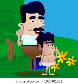 Happy smiling successful businessman and father making a point with his son. Vector cartoon character illustration.