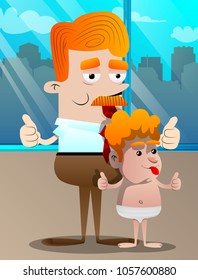 Happy smiling successful businessman and father making thumbs up sign with two hands with his son. Vector cartoon character illustration.
