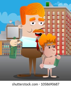 Happy smiling successful businessman and father holding a bottle with his son. Vector cartoon character illustration.