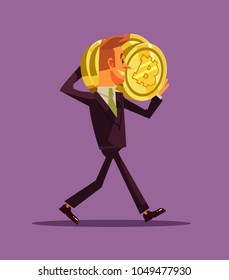 Happy smiling successful businessman office worker miner character carrying bitcoins. Cryptocurrency millionaire and new technology concept. Vector flat cartoon illustration