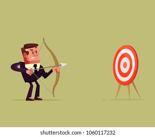 Happy smiling successful businessman office worker entrepreneur manager aim point and shoot arrow bow target direction center. Opportunity start up achievement new business investment market