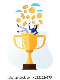 Happy smiling successful businessman woman office worker character sitting in golden cup under money rain. Business success concept. Vector flat cartoon isolated graphic design illustration