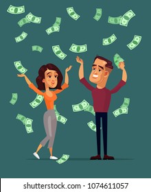 Happy smiling successful man husband and woman wife characters family standing under money rain. Lottery winner cash savings banking concept. Vector flat cartoon graphic design isolated illustration