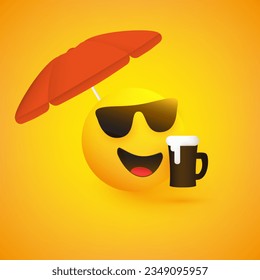 Happy Smiling Summer Season Emoji with Sunglasses, Beer Mug and Red Sunshade - Vector Illustration