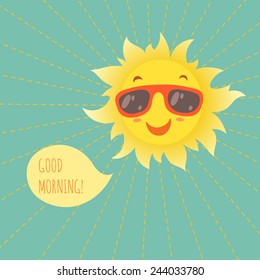 Happy Smiling Summer Sun In Glasses. Vector Illustration.