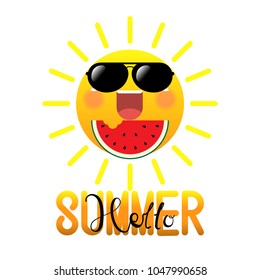 Happy smiling summer sun in sunglasses eating watermelon on white background with text hello summer. Vector illustration