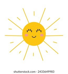 Happy smiling sun in cartoon style isolated on white background. Cute sun character for baby and kids design. Vector illustration