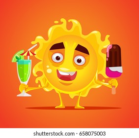 Happy smiling sun character with cold drink and ice cream. Vector flat cartoon illustration