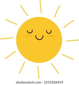 Feliz Sol Sorridente com Olhos Fechados e Raios - Ilustração Vetor de Desenho Animado Bonito