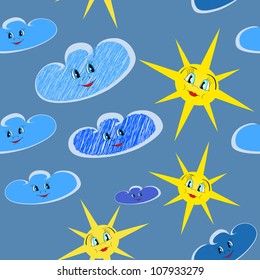 Happy smiling sun and clouds seamless illustration on blue sky