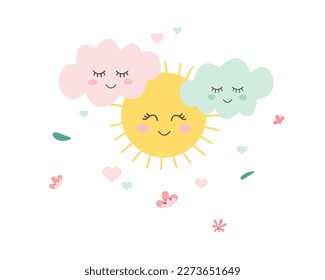 Happy smiling sun with clouds surrounded by love in the atmosphere of nature, fragrant with various flowers.Vector illustration.