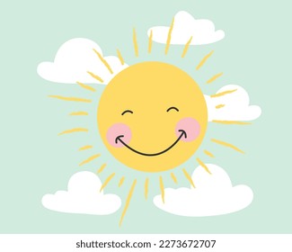 Happy smiling sun with clouds surrounded by love in the atmosphere of nature, fragrant with various flowers.Vector illustration.