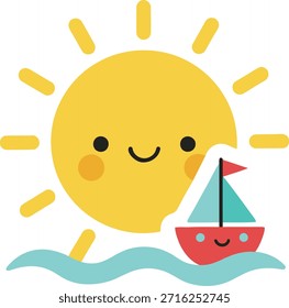 Un sol sonriente feliz y un lindo velero rojo en las olas del océano. Esta Ilustración vectorial plana minimalista es perfecta para diseños infantiles, pegatinas de verano y arte infantil.
