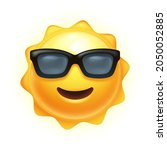 Happy smiling Sun emoji with sunglasses. Summer icon, hot weather 3D vector illustration