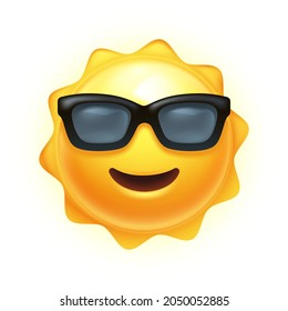 Feliz emoji sonriente del Sol con gafas de sol. Icono de verano, ilustración vectorial 3D de clima caliente