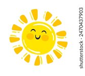 Happy smiling sun, funny sticker, summer symbol, weather sign, logo design, childish clip art element. Hand drawn vector illustration of smiling sun isolated on white background