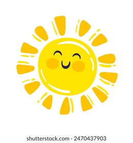 Happy smiling sun, funny sticker, summer symbol, weather sign, logo design, childish clip art element. Hand drawn vector illustration of smiling sun isolated on white background