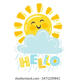 Happy smiling sun, funny sticker, summer symbol, weather sign, logo design, childish clip art element. Hand drawn vector illustration of smiling sun isolated on white background