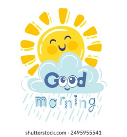 Happy smiling sun, rainy clouds, summer symbol, weather sign, logo design, childish clip art element. Hand drawn vector illustration of smiling sun and cloud for print
