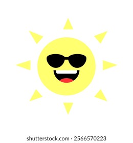 Happy smiling sun with sunglasses cartoon character. Natural, hot, weather, climate, expression concepts. Flat decorative vector design isolated illustration.