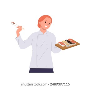 Happy smiling sushi master cartoon female character in uniform presenting new delicious seafood set