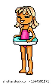 Happy smiling tanned blonde girl in pink swimsuit standing with inflatable blue swim ring, old school 8 bit pixel art character isolated on white. Beach toy. Summer holiday activity. Swimming pool fun