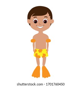 Happy smiling tanned boy in bright yellow shorts, flippers and rubber sleeves. A character in a children's style shows a summer holiday and fun.