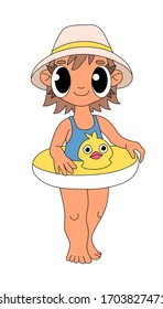 Happy smiling tanned girl in blue swimsuit and straw hat standing with inflatable yellow duck swim ring, cartoon character isolated on white. Beach summer holiday activity kid. Swimming pool fun child