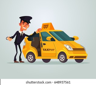 Happy smiling taxi driver character invites to travel in his car. Vector flat cartoon illustration