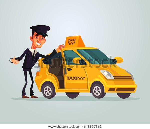 Happy smiling taxi driver\
character invites to travel in his car. Vector flat cartoon\
illustration