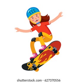 Happy smiling teen boy in wearing helmet and kneepads jumping on skateboard. Skateboarding ride. Flat style character vector illustration isolated on white background.