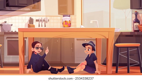Crianças adolescentes sorridentes felizes vestidas de espião com roupas pretas, chapéu e óculos se escondem debaixo da mesa de jantar de madeira na sala de cozinha da casa. Vetor de desenhos animados adolescente ter ideia e mostrar o dedo indicador para cima gesto