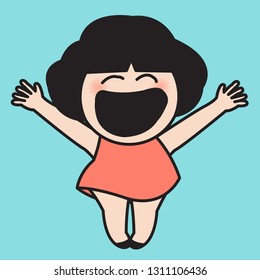 Happy Smiling Teen Girl With Mouth And Arms Wide Open Isolated On A Blue Background Concept Card Character illustration