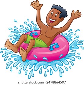 Happy and smiling teenage boy of color on a pink innertube splashing down on water wearing a swim suit.