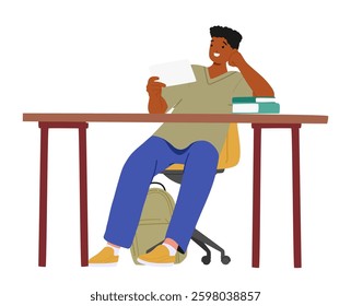Happy smiling teenage boy student cartoon character reading paper memo notes during preparation for exam vector illustration. Experienced young guy studying sitting at school desk isolated on white