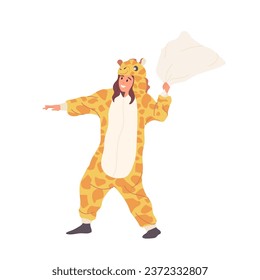 Happy smiling teenage girl cartoon character wearing giraffe kigurumi pajamas having pillow fight