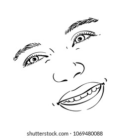 Happy smiling teenage girl face, Vector sketch close up, Hand drawn illustration isolated