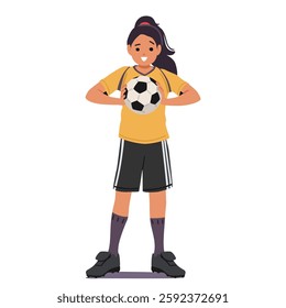 Happy smiling teenage girl football player posing with soccer ball in hands isolated on white. Goalie cartoon character wearing team uniform ready active game championship match vector illustration