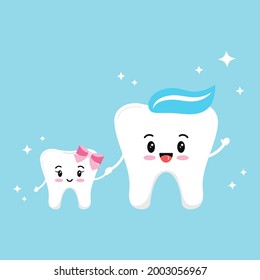 Happy smiling teeth family isolated on blue background. Dentist emoji faces tooth family - dad and dauther. Dental health vector flat design cartoon kawaii illustration. Family treatment concept.