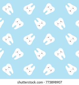 Happy smiling teeth seamless pattern in pastel blue background. Vector isolated.