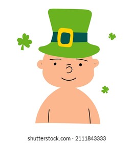 Happy smiling toddler wearing green hat for St. Patrick's party. Vector illustration on white background